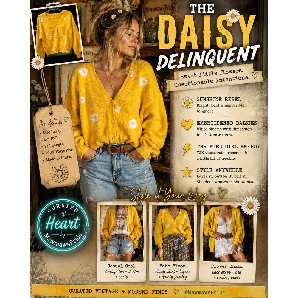 Yellow Embroidered Daisy Cardigan Cottagecore Y2K Flower Power Large